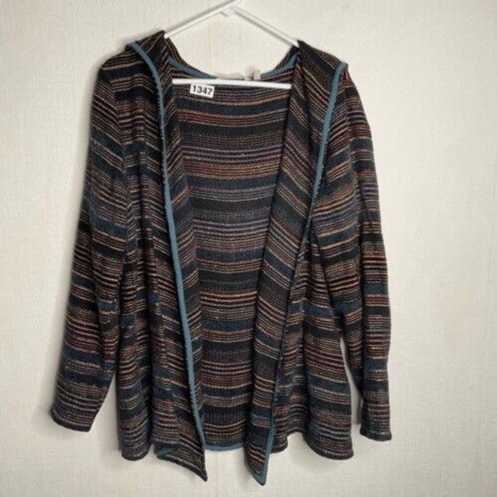 Soft Surroundings Striped North Cabin Hooded Open Front Cardigan Women‎ L India